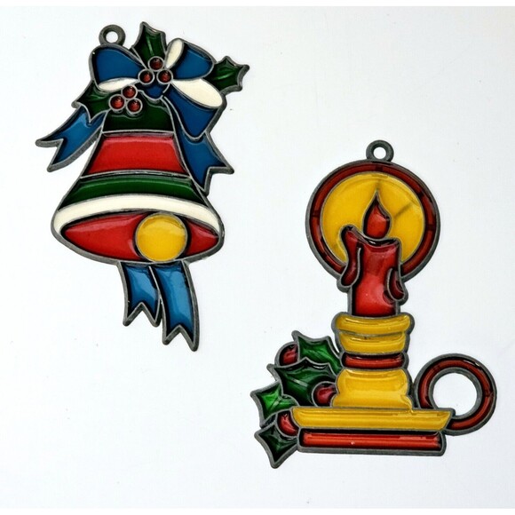 Stained Glass Vintage Suncatcher Christmas Ornament Lot 2 Candlestick & Bell VGC - Picture 2 of 8